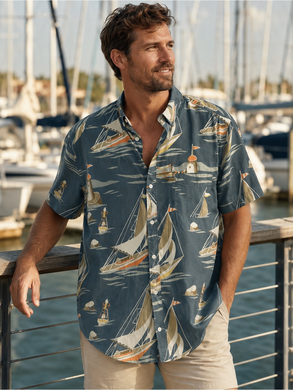 J.Crew Men’s XL Nautical Sailboat Print Short Sleeve Shirt 100% Cotton Coastal